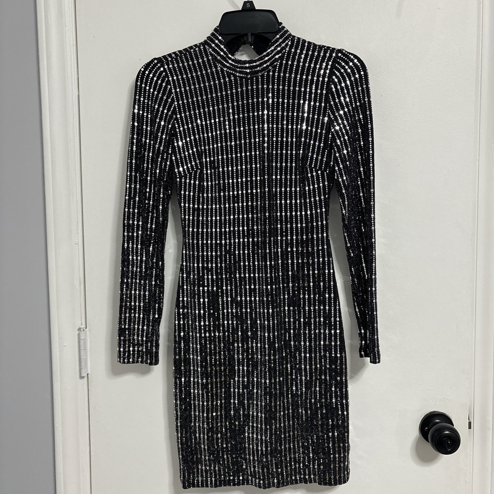 Glamorous Black and Silver Sequin Long Sleeve Dress